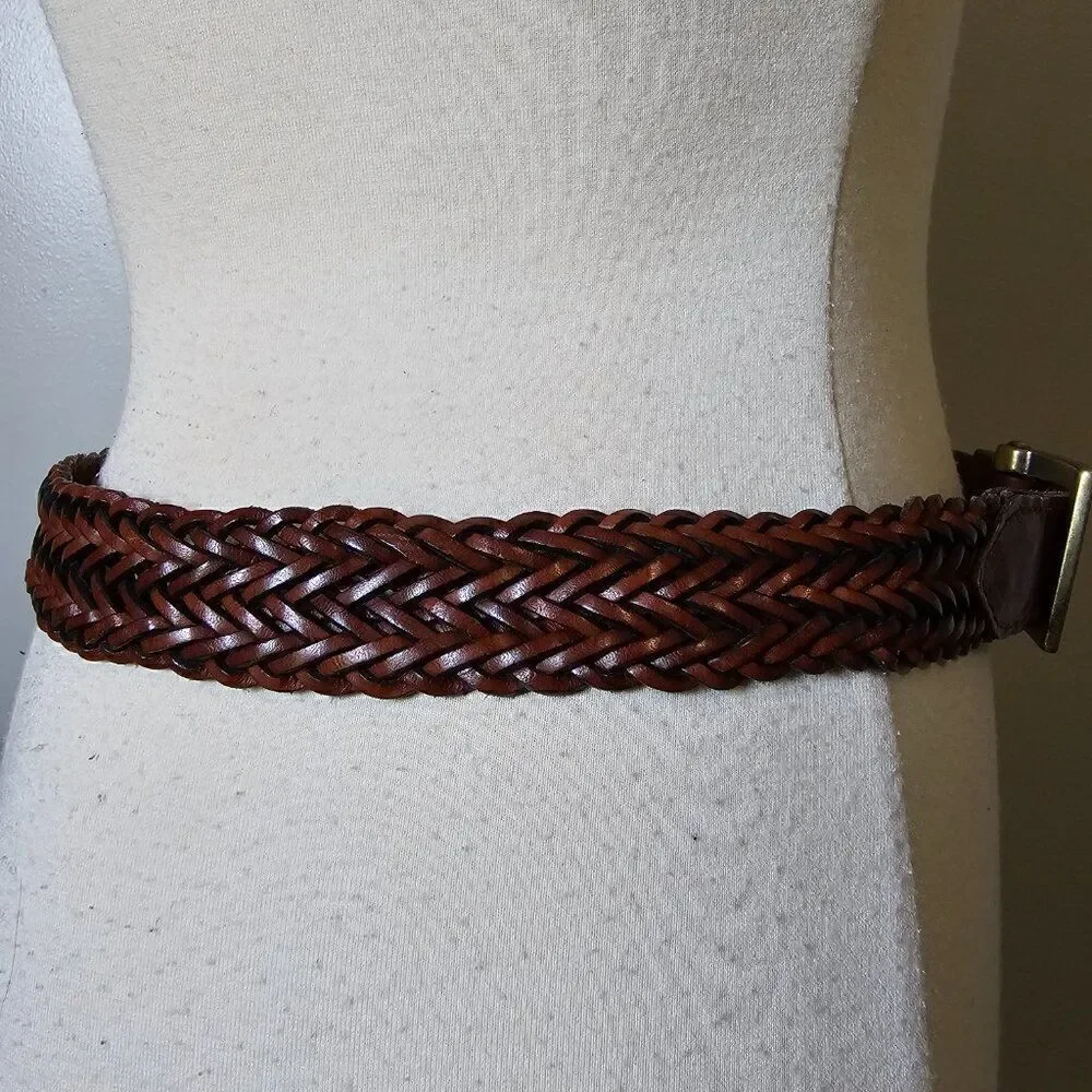 EUC VINTAGE DKNY 103065 BROWN GENUINE LEATHER BRAIDED STAMPED BRASS BELT L WMNS